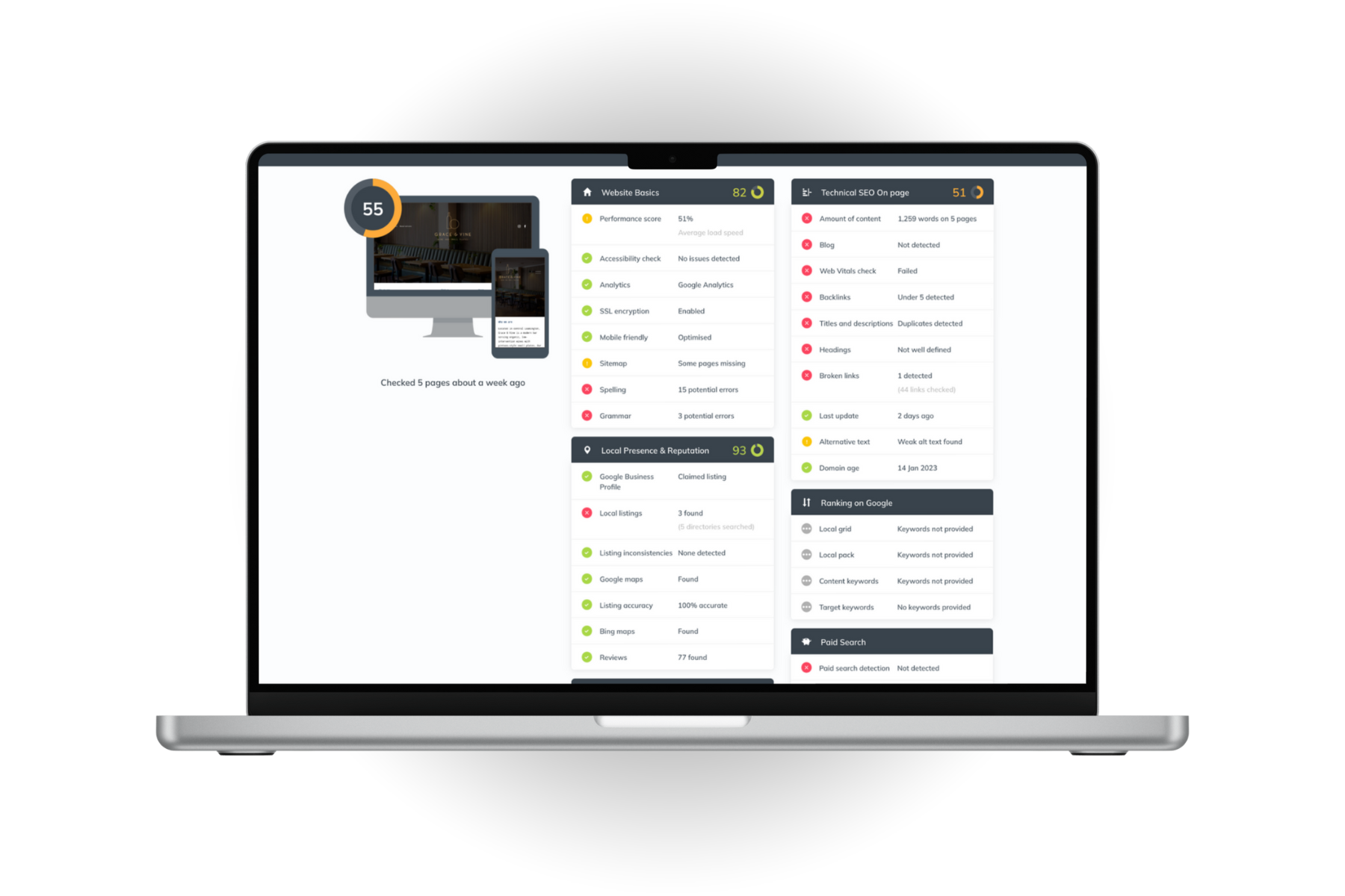 Laptop screen with a website UI, displaying data in a dashboard format with a photo and mobile screen preview.