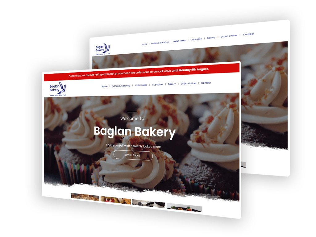 Baglan Bakery website mockup with cupcakes and a red header.
