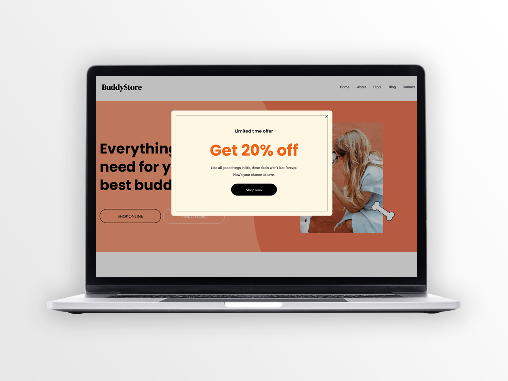 Laptop displaying website with a pop-up offering 20% off. Website shows woman and dog.