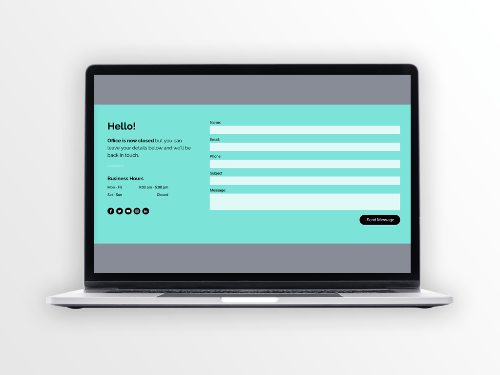 Laptop screen displaying a teal contact form with fields for name, email, and a 