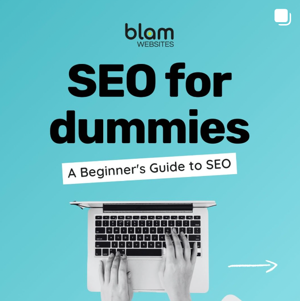 SEO for dummies: hands typing on a laptop, teal background.