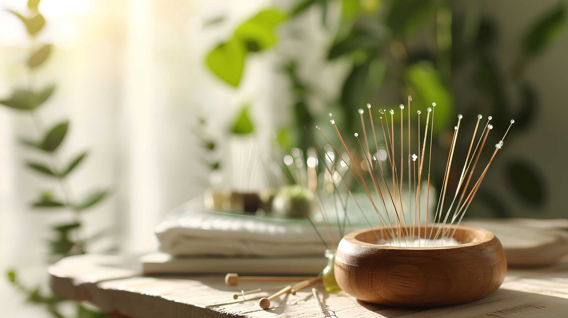Wooden bowl filled with acupuncture needles on a sunlit table with plants in background.