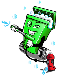 A cartoon illustration of a green trash can cleaning a fire hydrant.