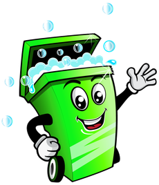 A cartoon illustration of a green trash can with soap bubbles coming out of it.