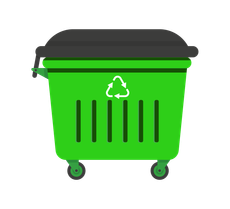 A green trash can with a recycling symbol on it.