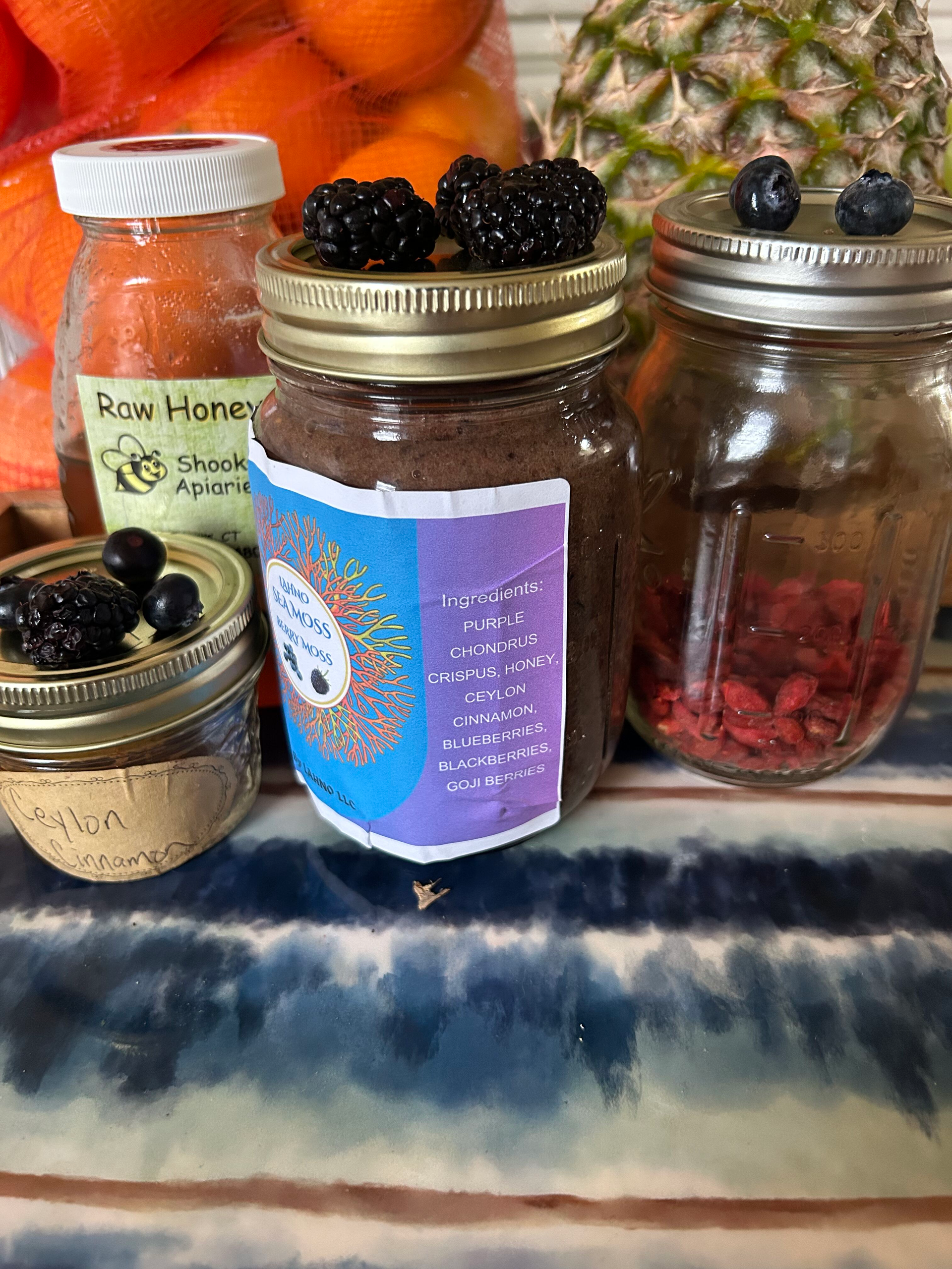 Berry Moss purple Chondrus crispus sea moss gel. Goji berries, Blueberries, Blackberries, Ceylon cinnamon, Raw Honey