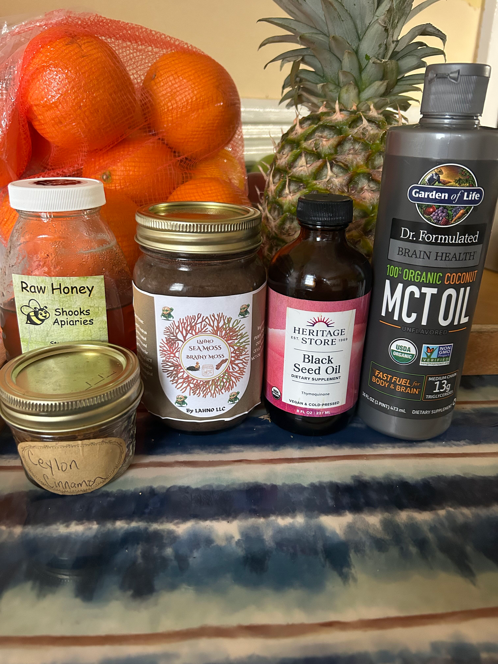 Brainy Moss. Purple Chondrus Crispus Sea Moss Gel. MCT Oil, black Seed Oil, Ceylon Cinnamon, Honey