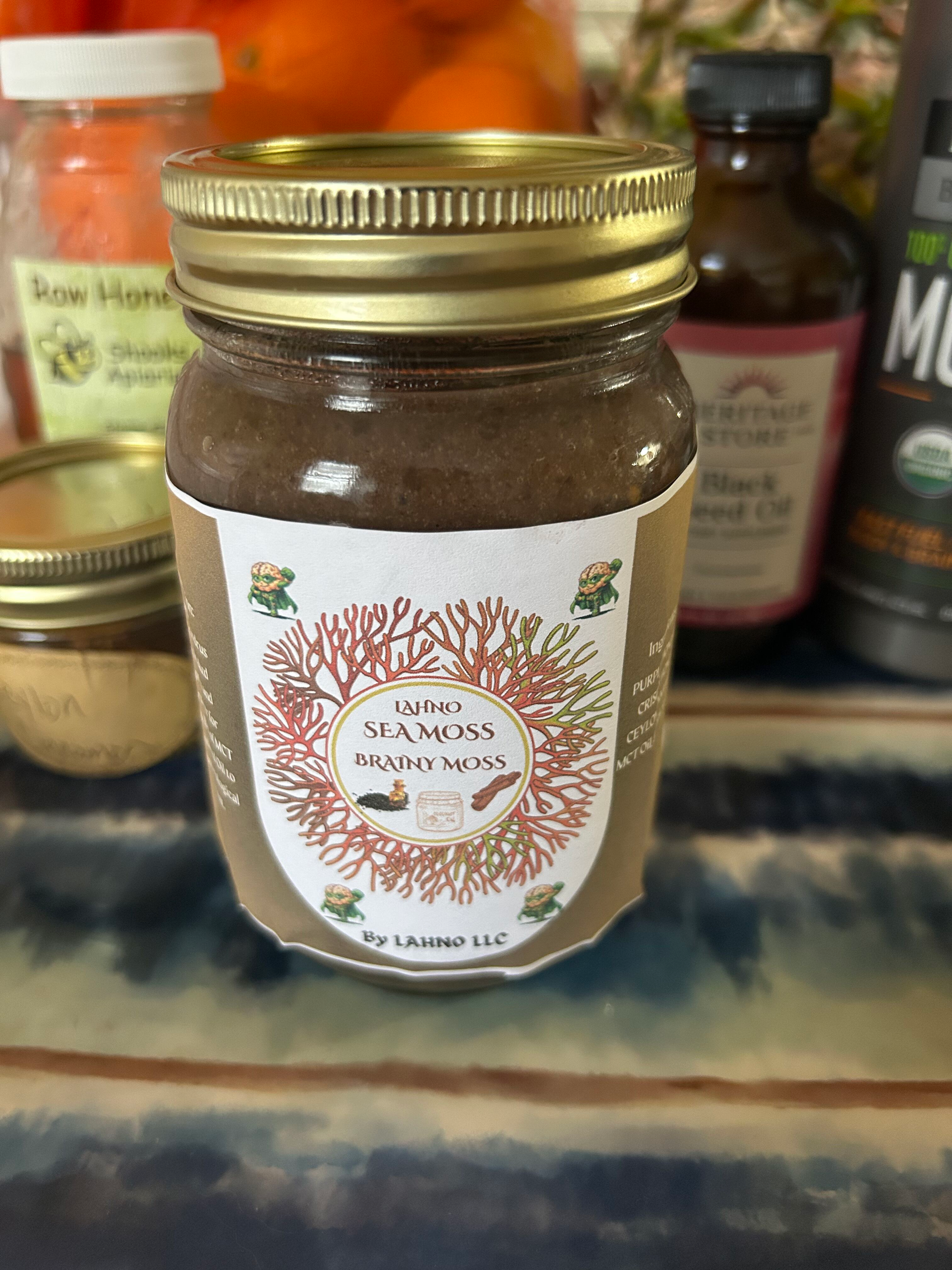 Brainy Moss. Purple Chondrus Crispus Sea Moss Gel. MCT Oil, black Seed Oil, Ceylon Cinnamon, Honey