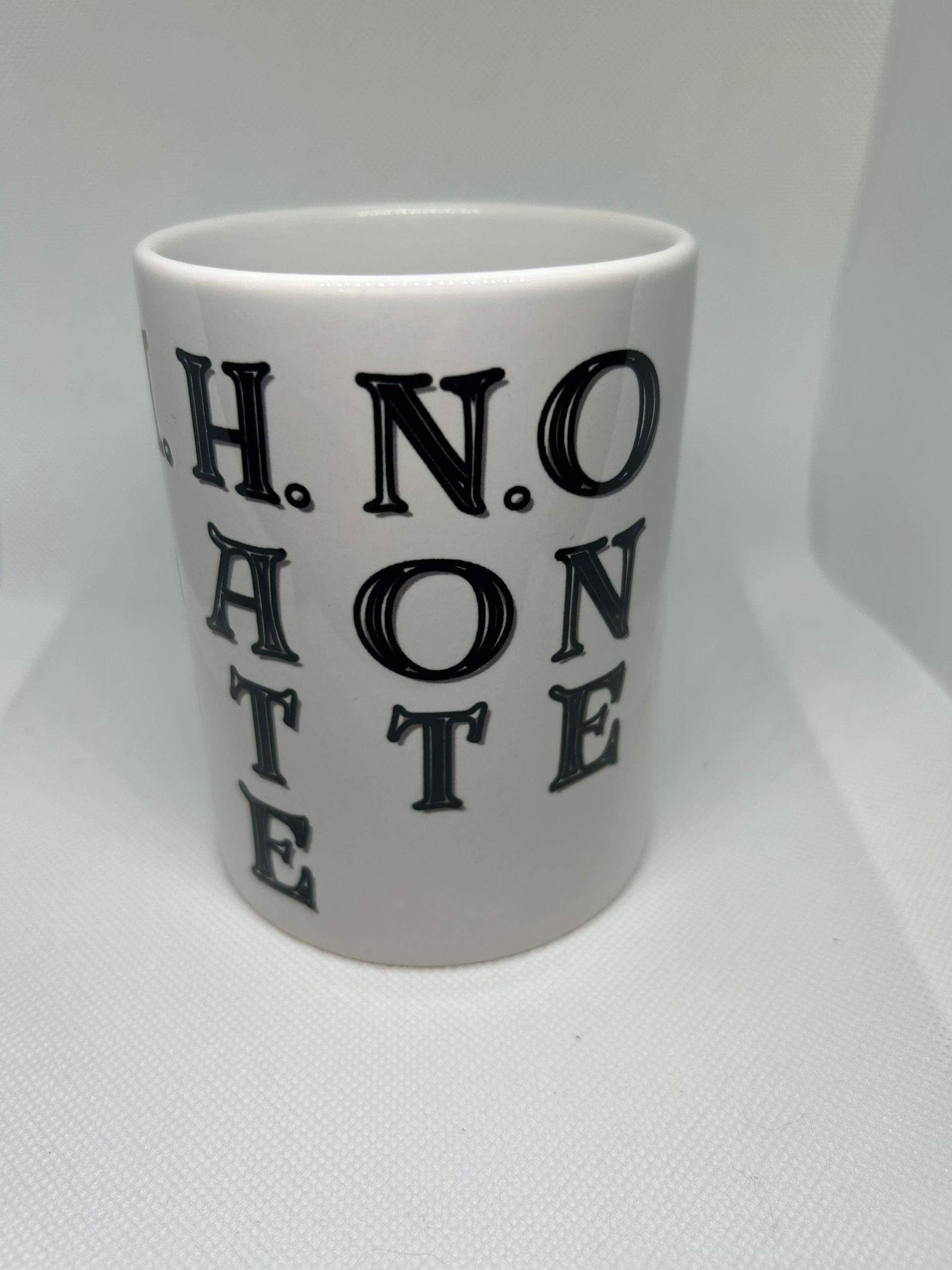 LAHNO sublimated coffee mug. Love All Hate Not One beverage holder.
