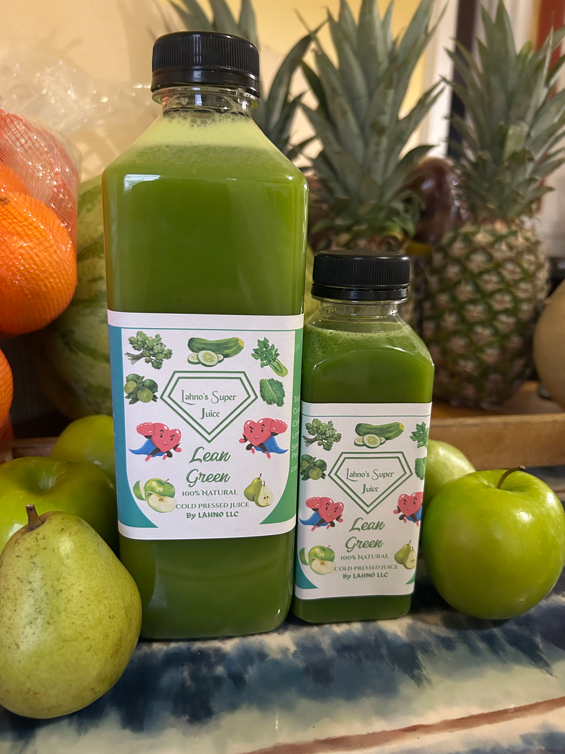 Lean Green. Cold pressed Cucumber, Kale, Cilantro, Celery, Limes, Granny Smith Apples & Pears cold pressed juice. 33 oz, 12oz