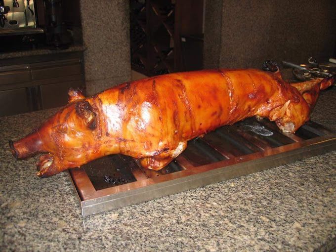 Un gros cochon rôti est posé sur un comptoir.