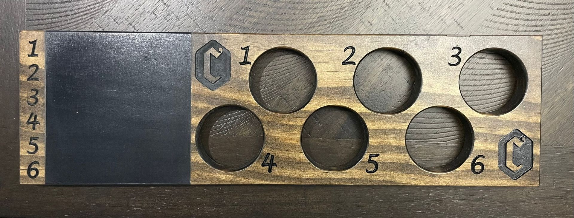 Customized 6 Hole Flight Board with Chalkboard Area and Glassware