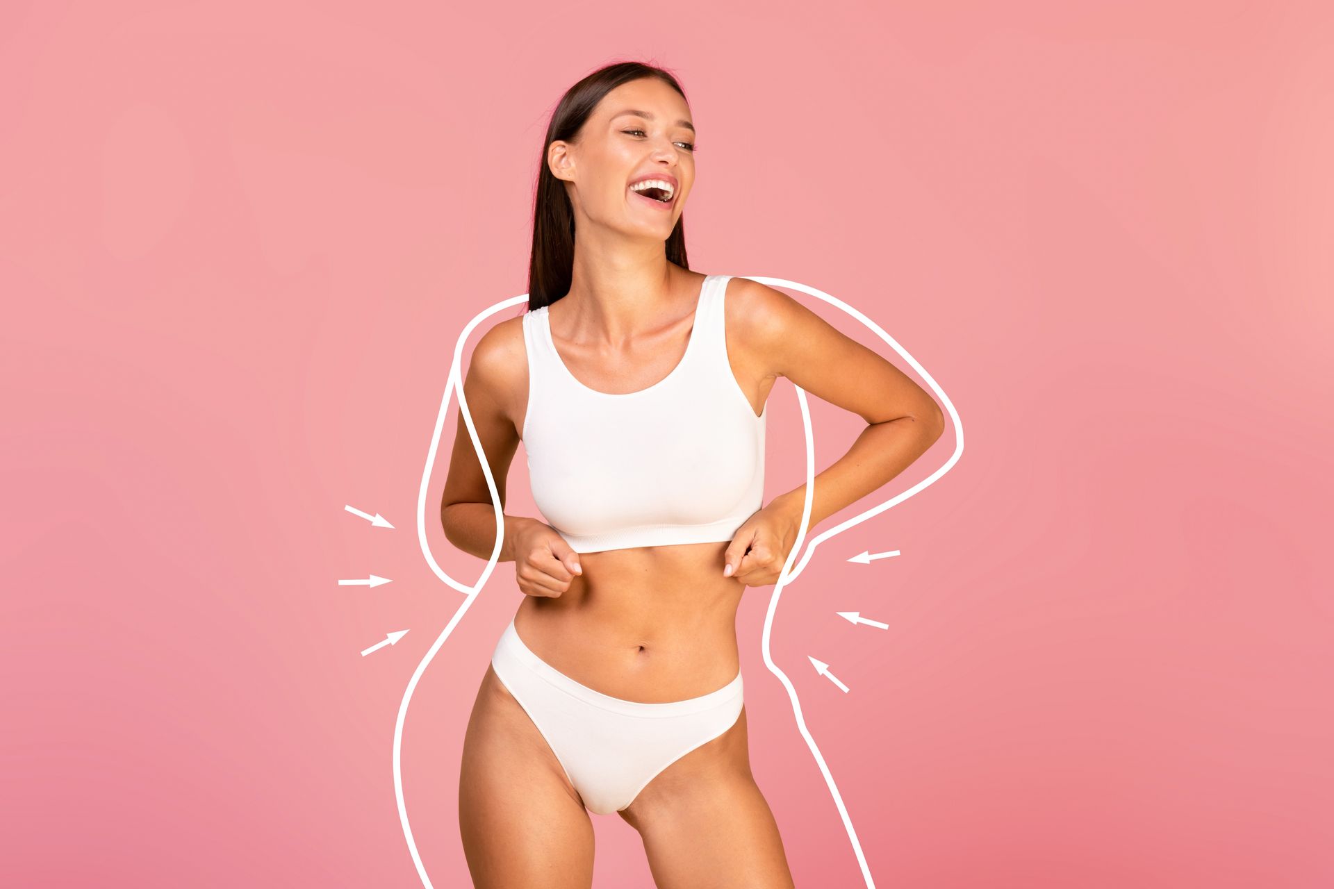A woman in white underwear is standing on a pink background.