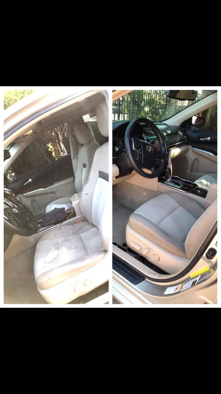 Before-and-after of a car's interior. Dirty seats are cleaned, revealing a beige interior and dashboard with a steering wheel.