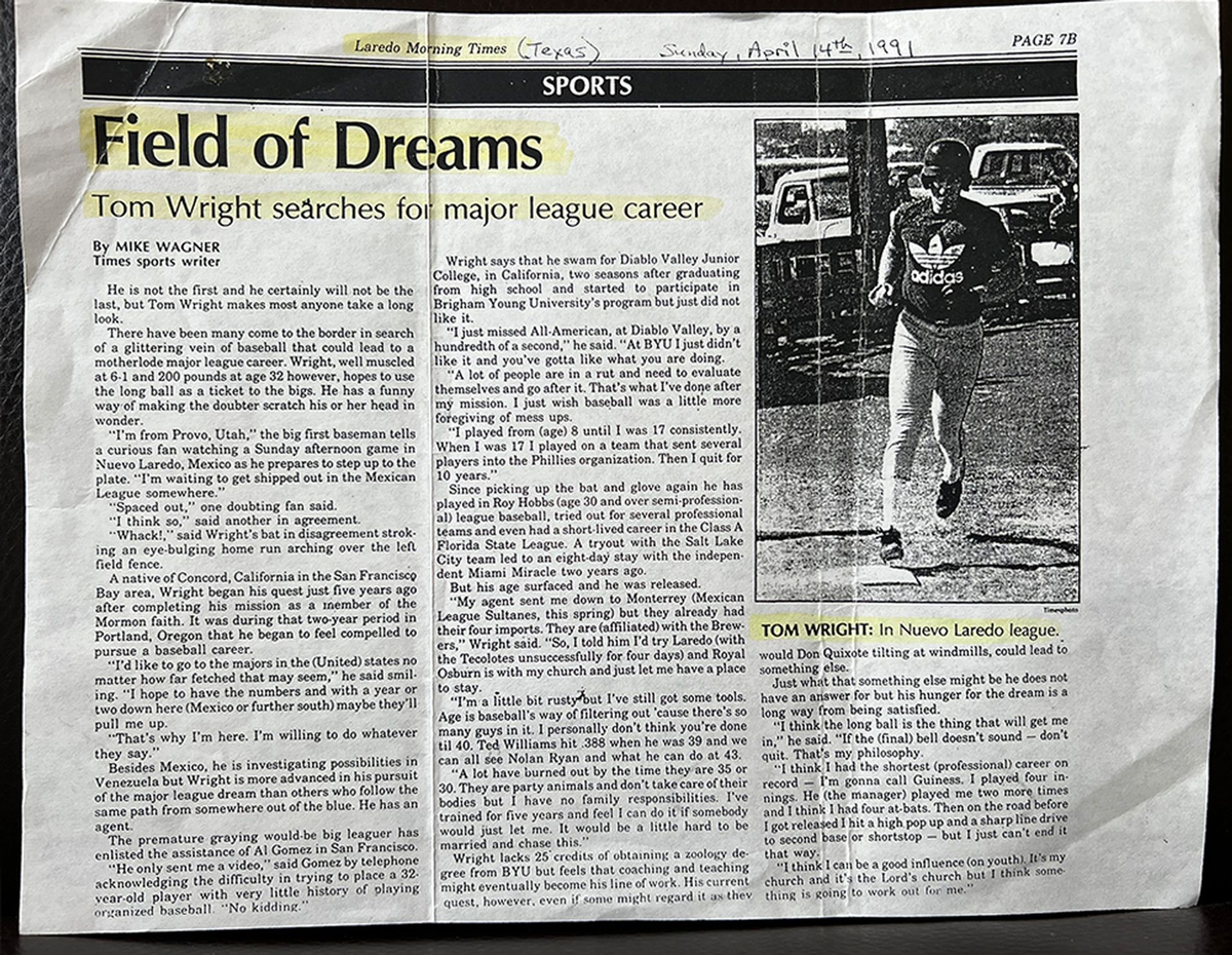 A newspaper article with the title field of dreams