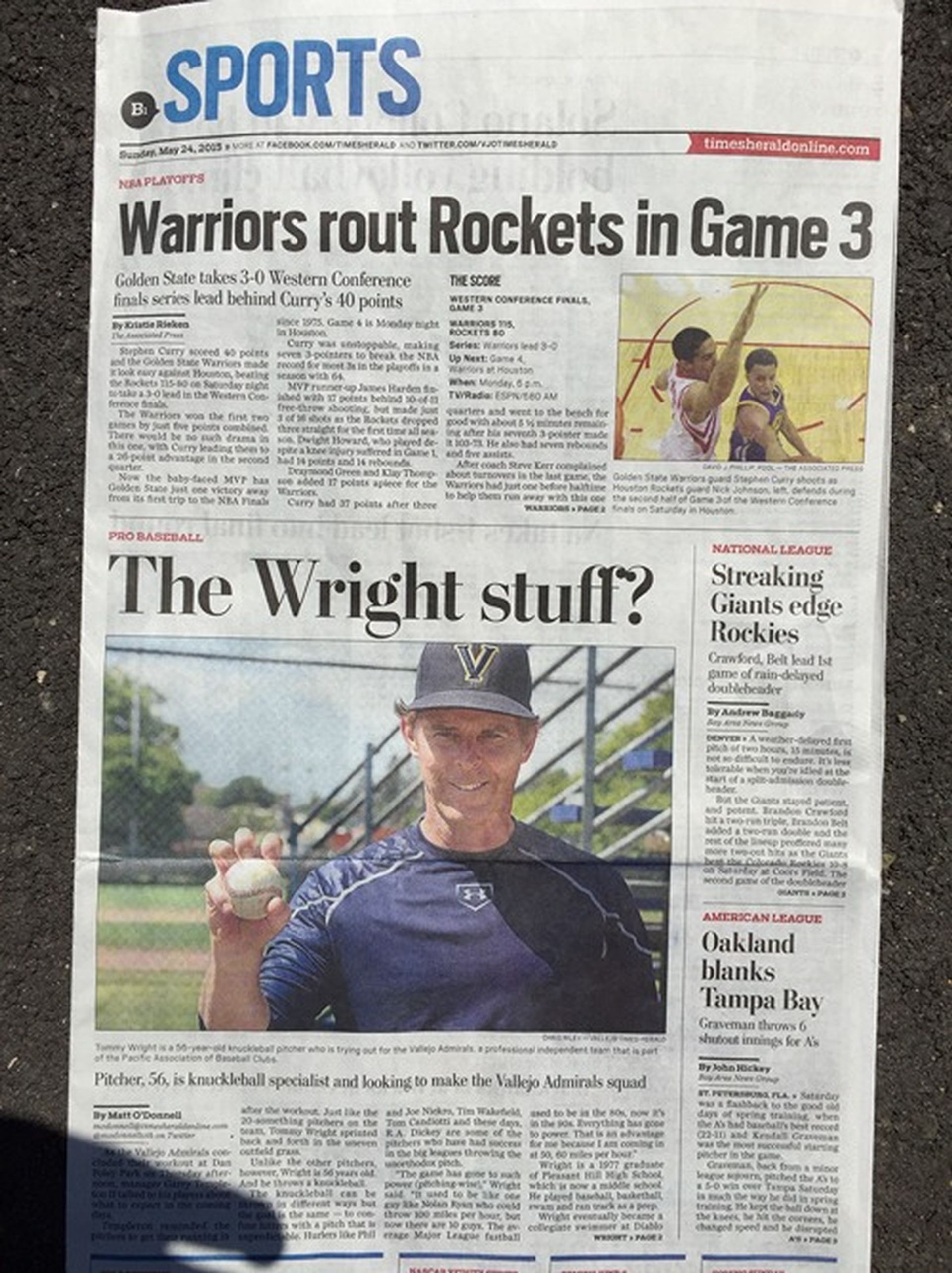 A newspaper article about warriors routing rockets in game 3