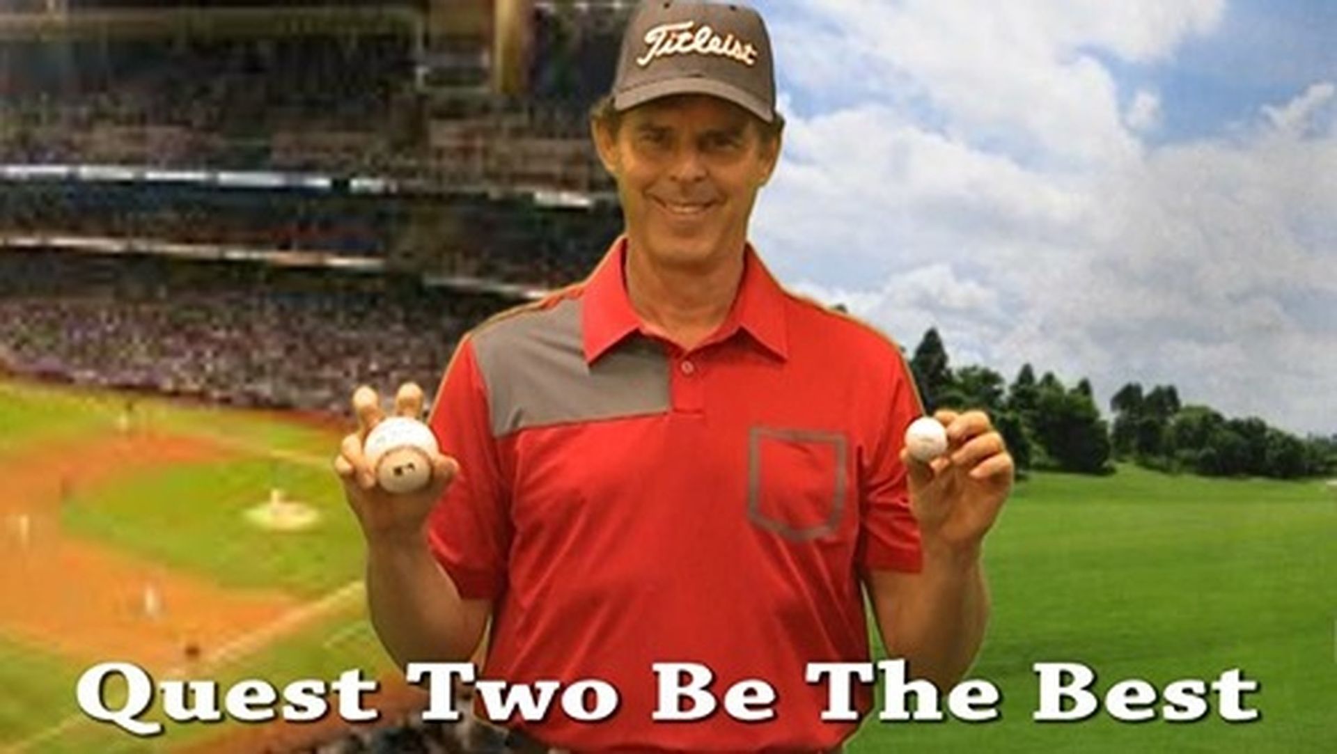 Tom Wright in a red shirt holding two baseballs in front of a baseball field.