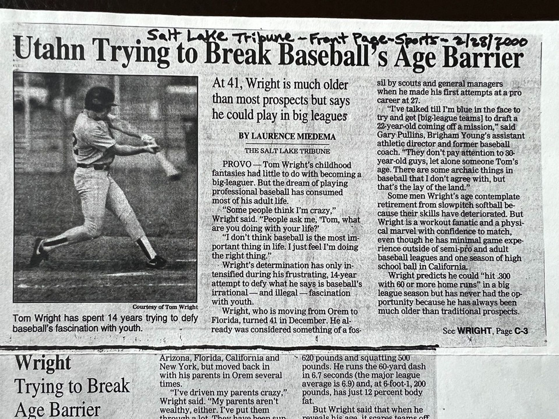 A newspaper article about utahn trying to break baseball 's age barrier