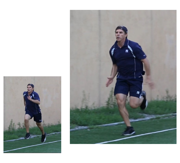 Tom Wright in a blue shirt and shorts is running on a field