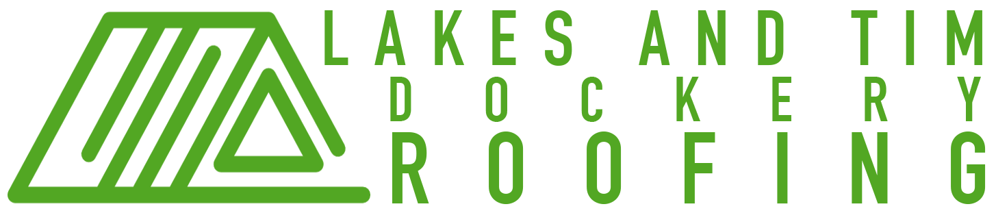 The logo for lakes and tim roofing is green and white