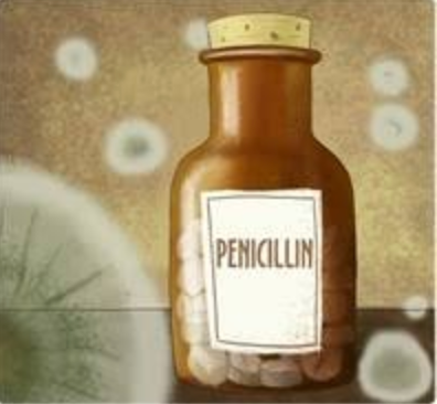 A brown glass bottle of penicillin with a white label, surrounded by a mottled beige background.