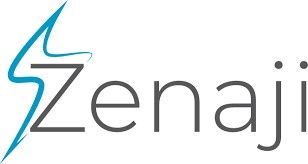 Logo for Zenaji, featuring a stylized blue lightning bolt above the grey word 
