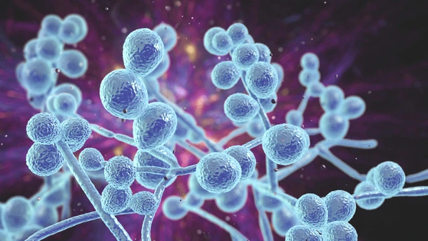 Illustration of blue fungal cells with a vibrant, purple background. The cells have a clustered, bulbous appearance.