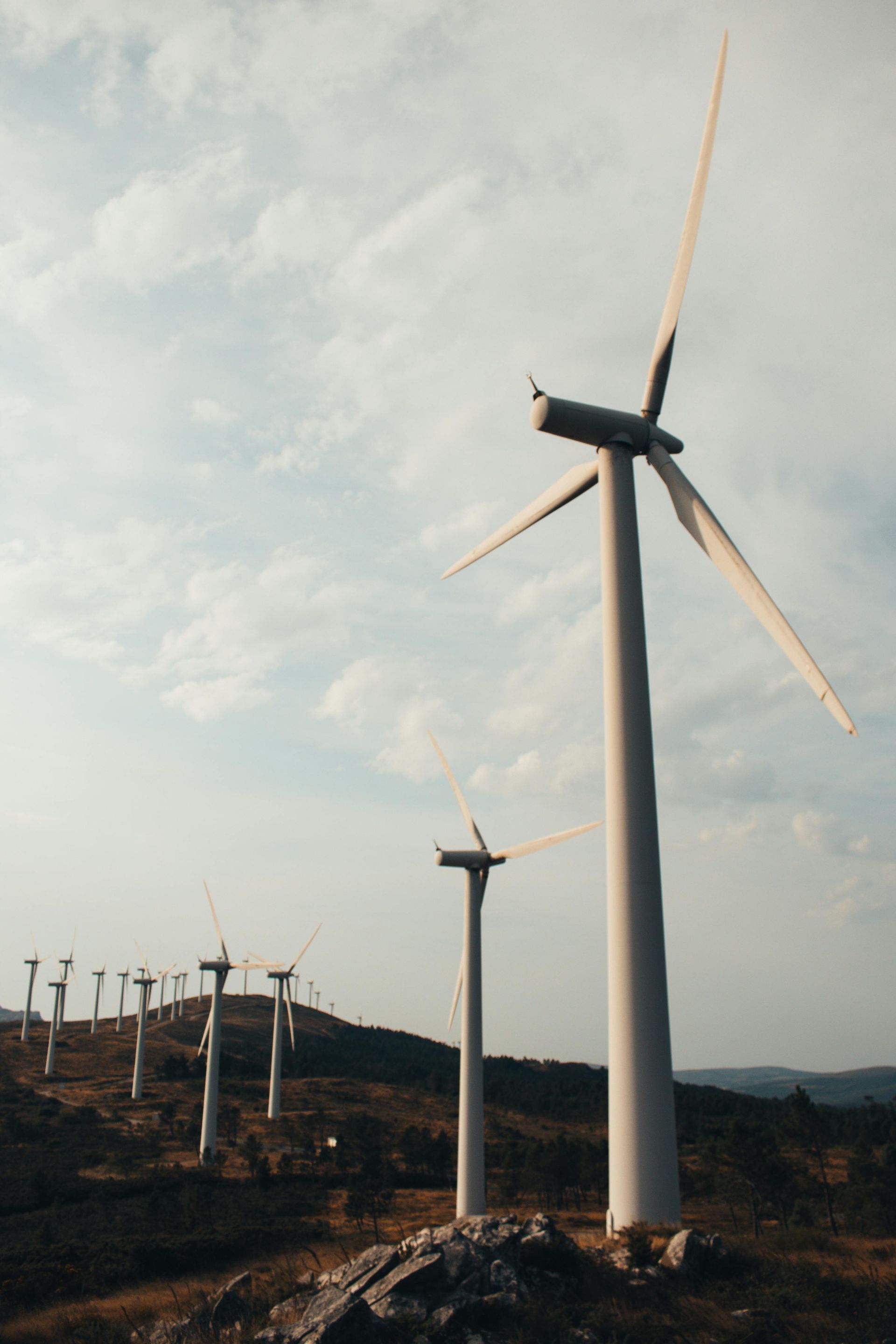 A row of wind turbines are sitting on top of a hill.