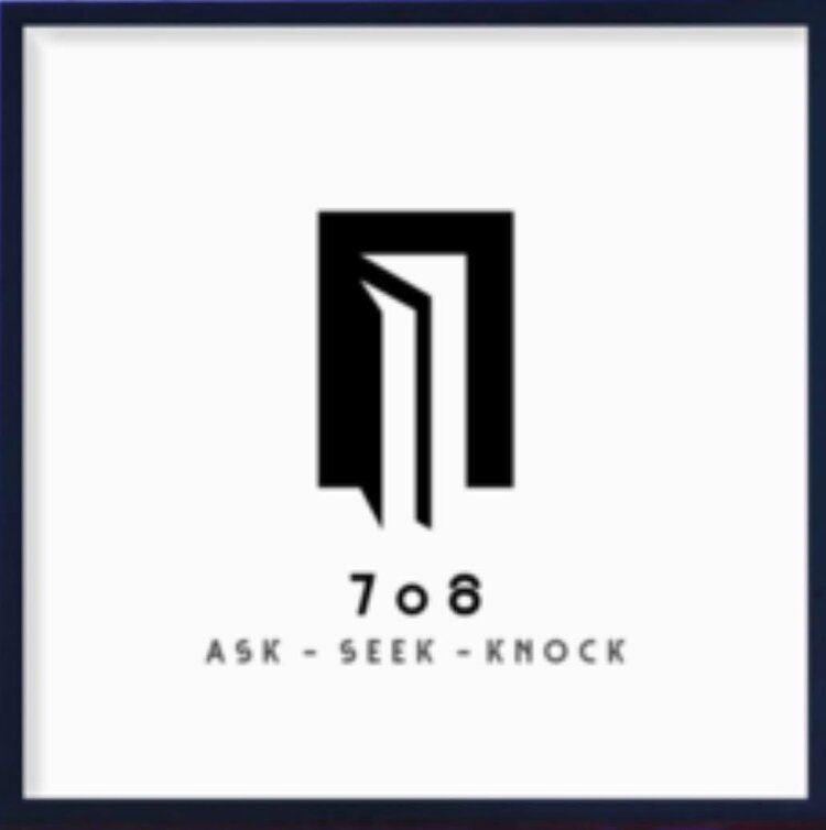 A black and white logo for 708 ask seek knock