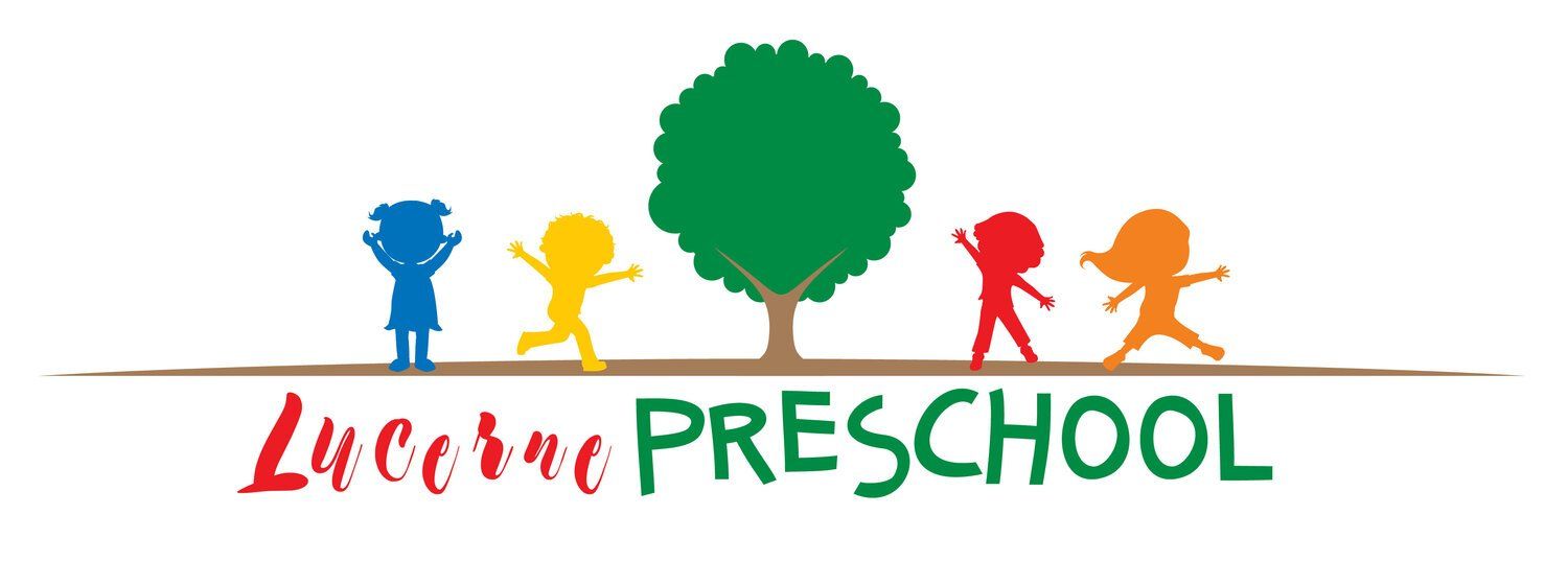 A logo for lucerne preschool with silhouettes of children and a tree
