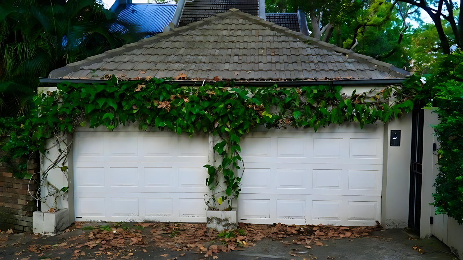 White Garage Door With Ivy Growing on It — Coffs Garage Doors & Motors in Toormina, NSW
