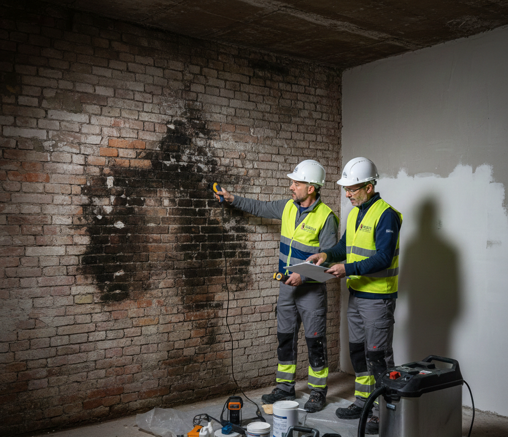 Due operai con giubbotti di sicurezza ispezionano un muro di mattoni con muffa scura.