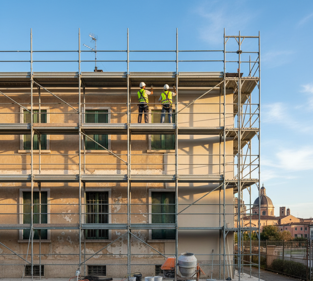 Gli operai sulle impalcature riparano l'esterno di un edificio, cielo azzurro, vecchia architettura sullo sfondo.