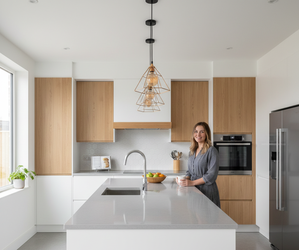 Donna in una cucina moderna con mobili in legno chiaro, isola grigia e lampadario geometrico.