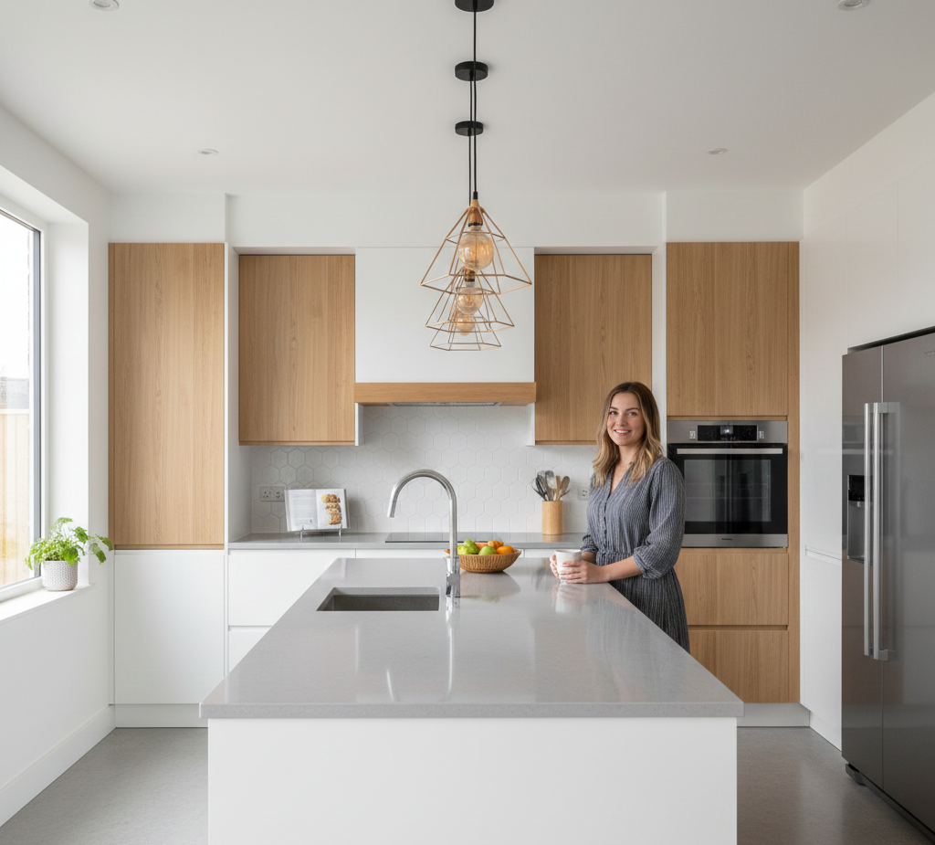 Donna in cucina moderna, appoggiata all'isola. Mobili in rovere, lampada a sospensione, elettrodomestici in acciaio inossidabile.