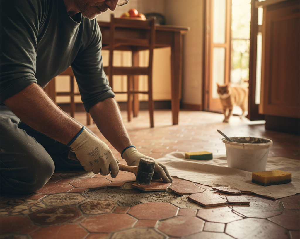 Uomo che installa un pavimento effetto legno con una cazzuola, in una stanza luminosa con materiali edili.
