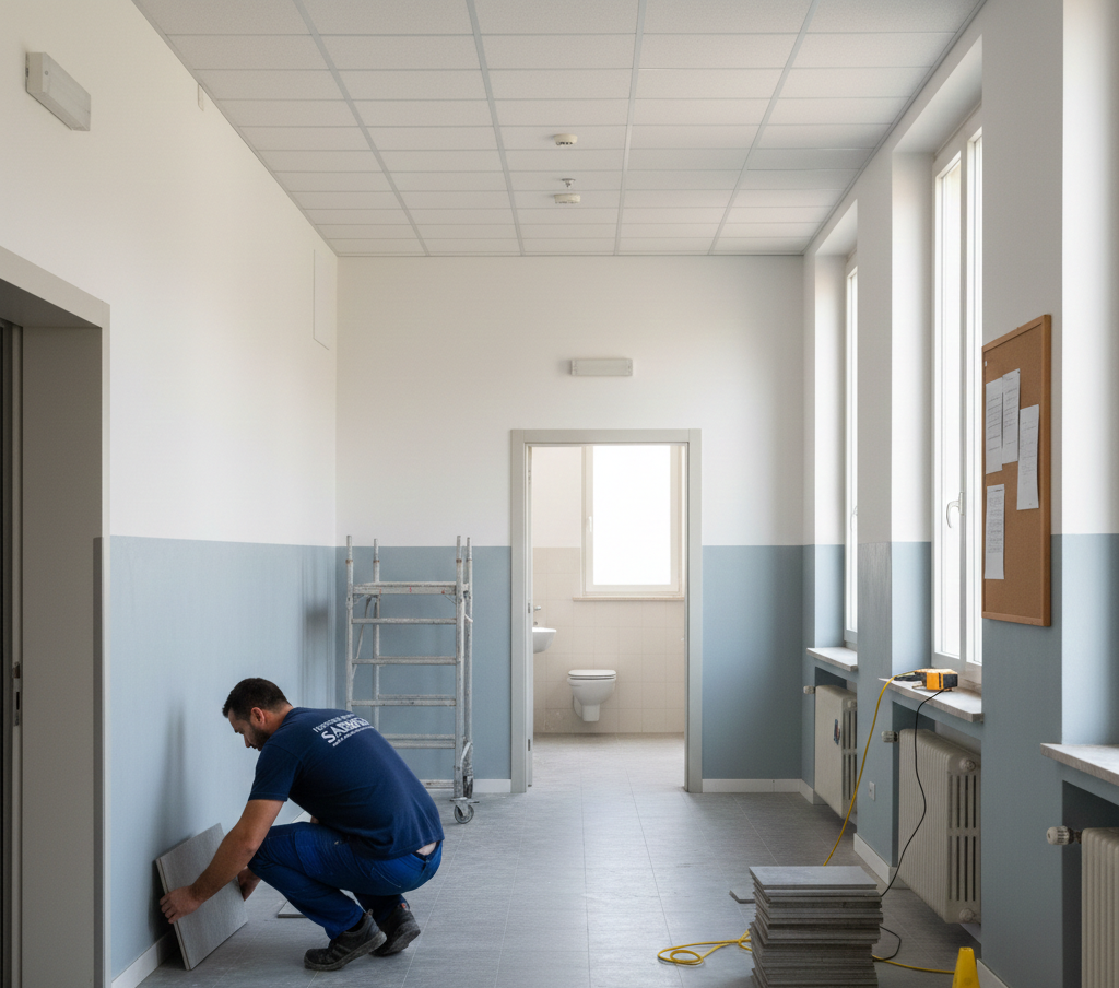 Cantiere con operai, un escavatore e barriere in una piazza urbana con edifici.