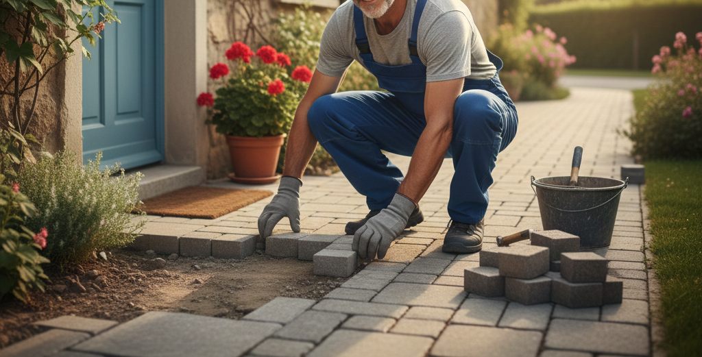Uomo che installa uno scarico lineare su un patio; sullo sfondo la casa e i mobili da esterno.