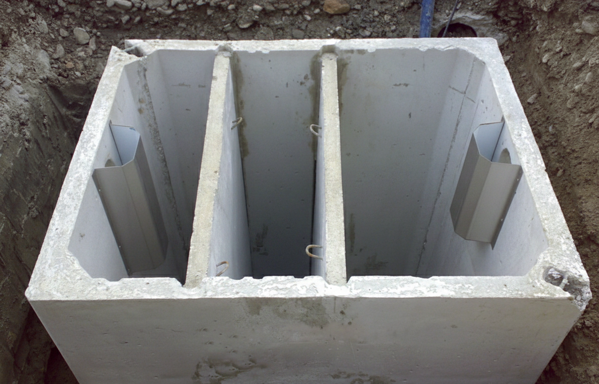 Fossa settica in cemento in un'area scavata.