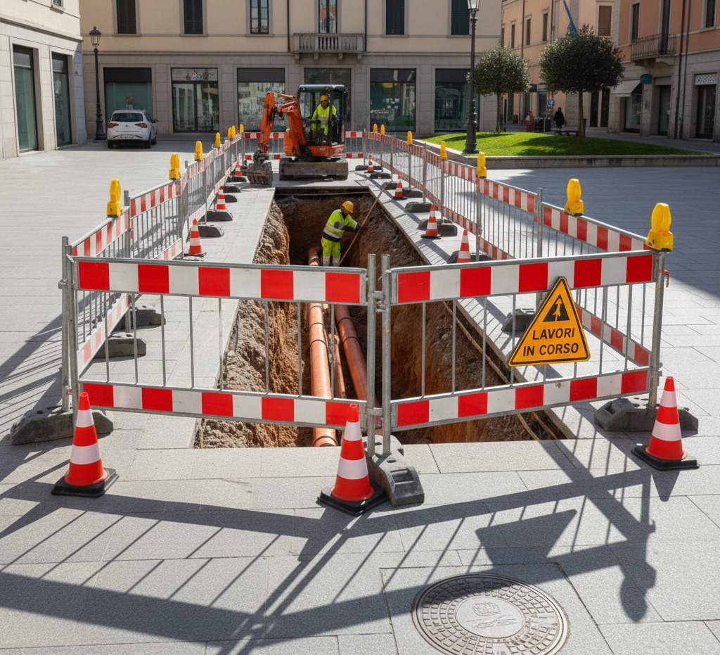 Cantiere con trincea recintata; operai azionano macchinari. Barricate rosse e bianche circondano l'area.