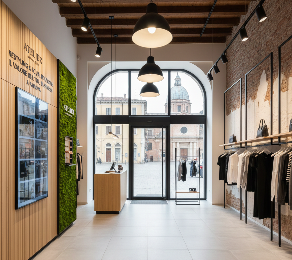 Interno di un negozio di abbigliamento con appendiabiti, parete verde e finestre ad arco che si affacciano su una piazza cittadina.