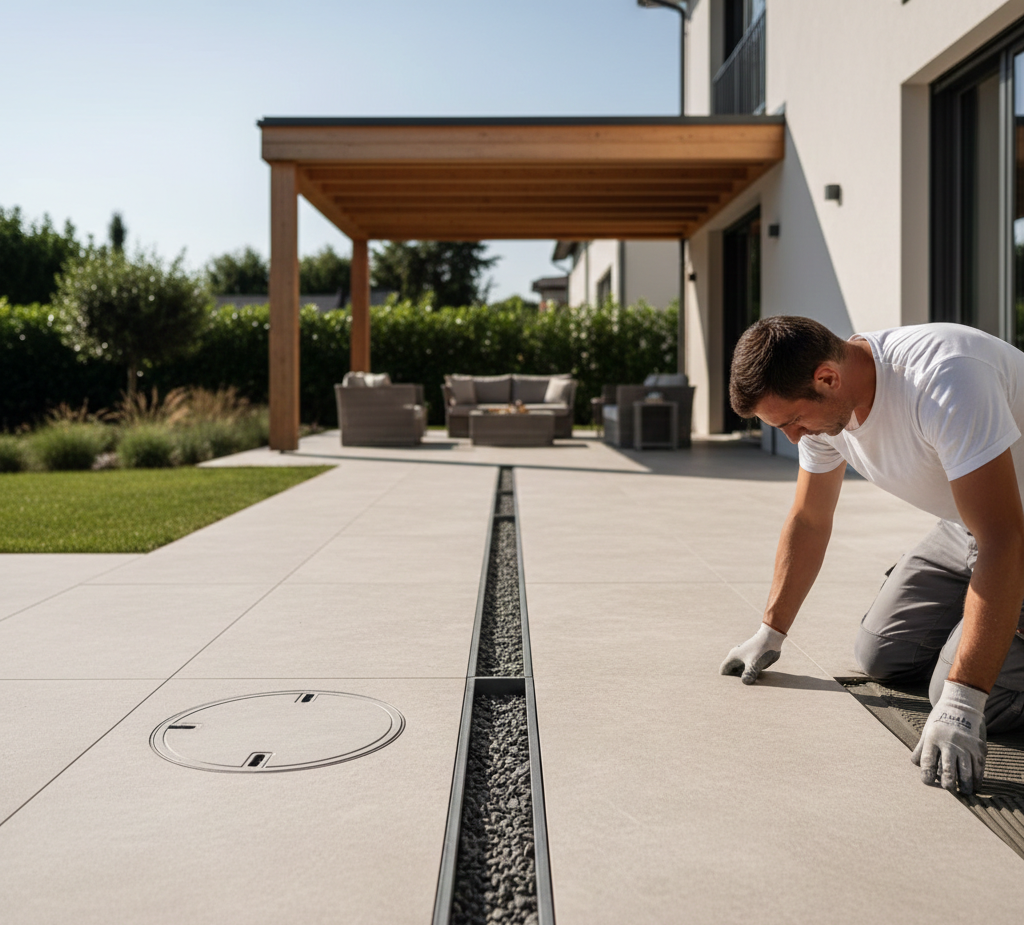 Uomo che installa uno scarico lineare su un patio; sullo sfondo la casa e i mobili da esterno.
