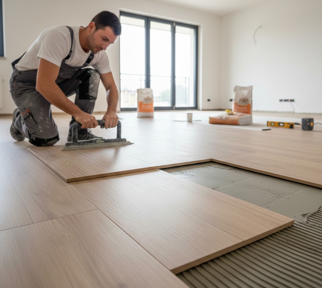 Uomo che installa un pavimento effetto legno con una cazzuola, in una stanza luminosa con materiali edili.