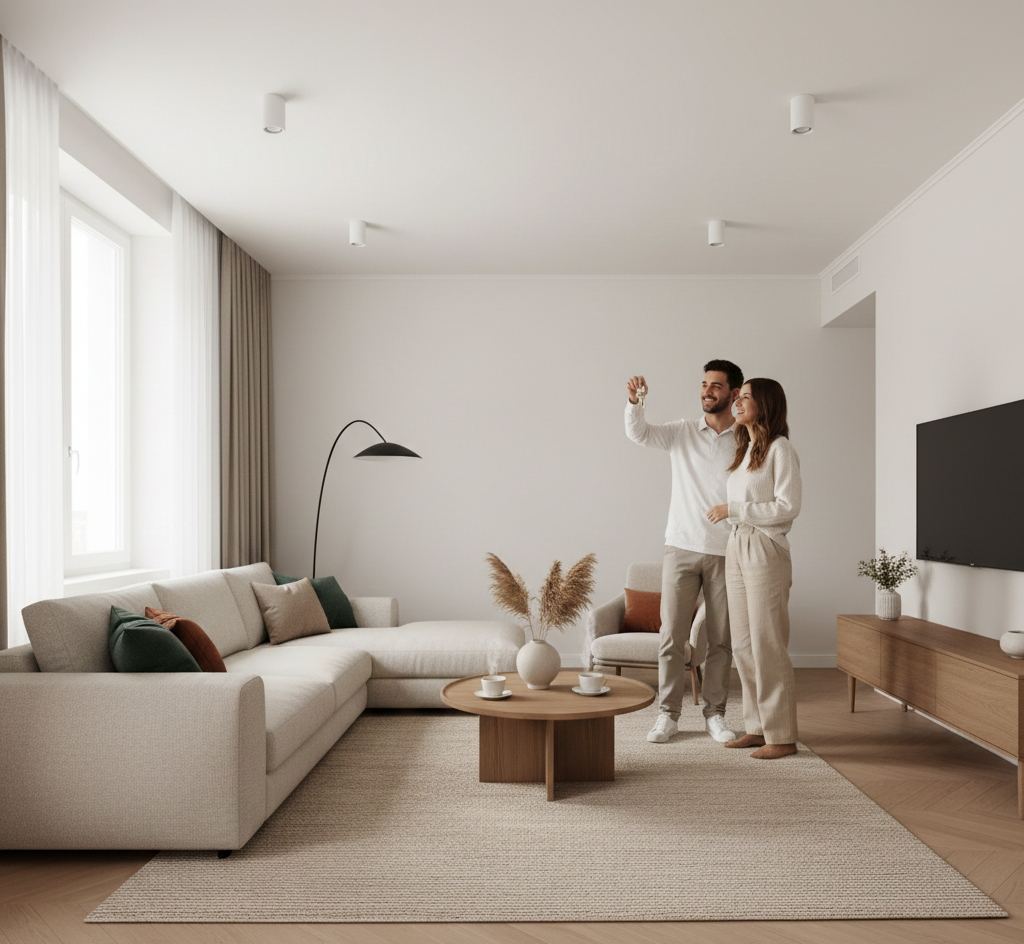 Coppia in un soggiorno moderno, con vista sulla parete, con divano, tavolino, TV e tappeto.