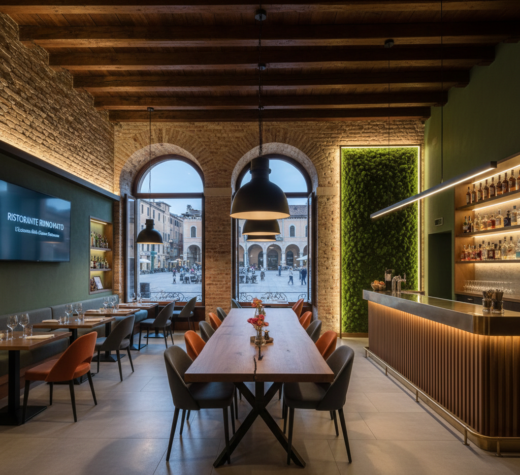 Interno del ristorante con lungo tavolo in legno, pareti in mattoni, finestre ad arco e un bar.