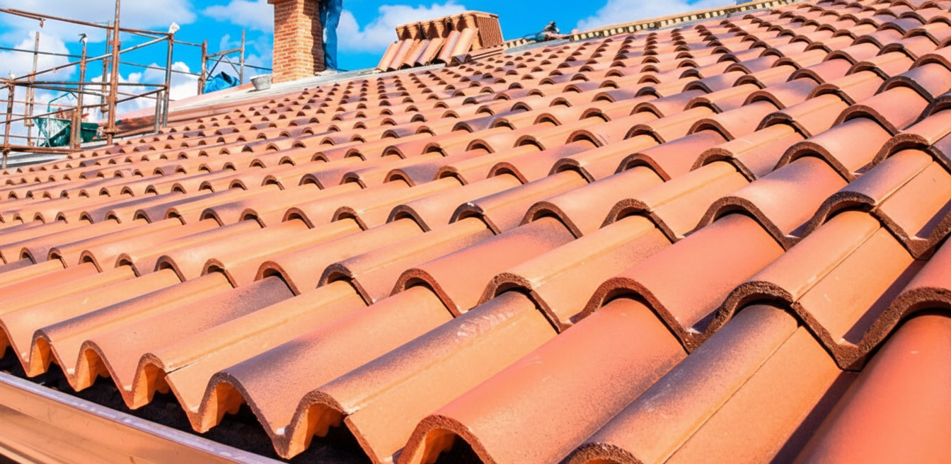 Primo piano di un tetto in tegole di terracotta contro un cielo azzurro, con un camino in mattoni e un'impalcatura visibili.