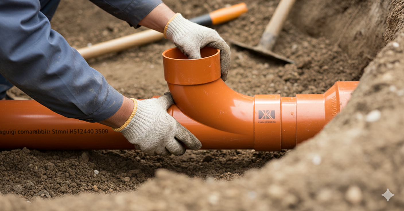 Una persona con i guanti collega tubi in PVC arancioni in una trincea.