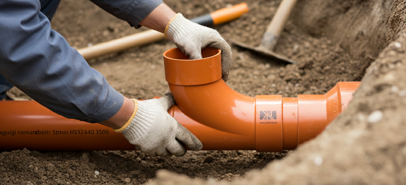 Persona che installa tubi di plastica arancione in una trincea, indossando i guanti.