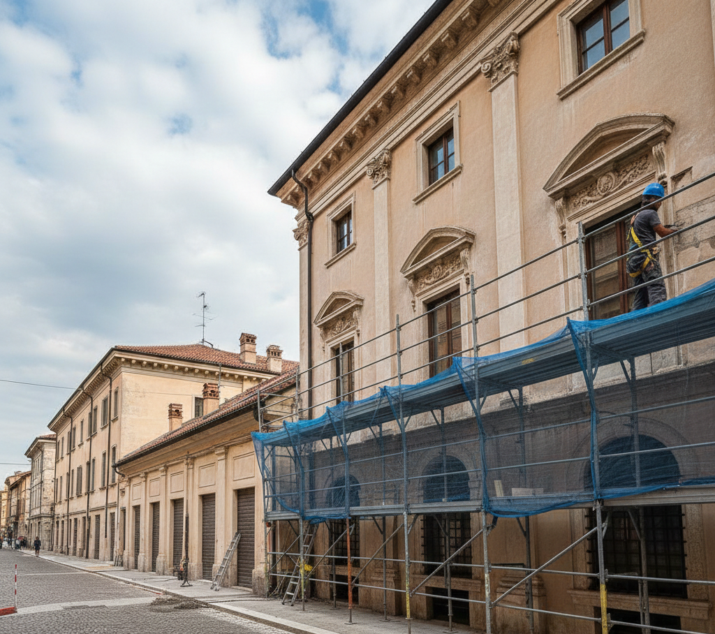 Edifici su una strada acciottolata; un operaio su un'impalcatura ripara la facciata di un edificio.