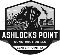 A black and white logo for ashlocks point construction llc